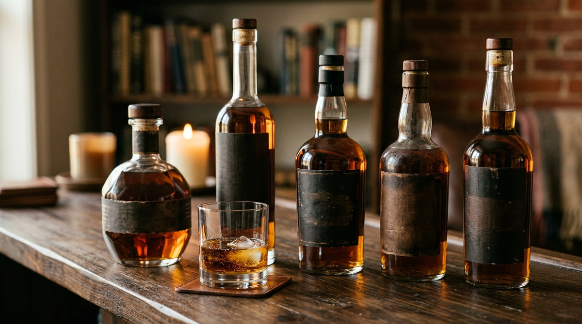A lineup of bourbon bottles and a poured glass on a dark walnut home bar counter