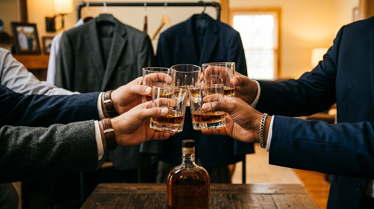 Several glasses of bourbon raised in a toast at home before a wedding, hands only, bottle on the table