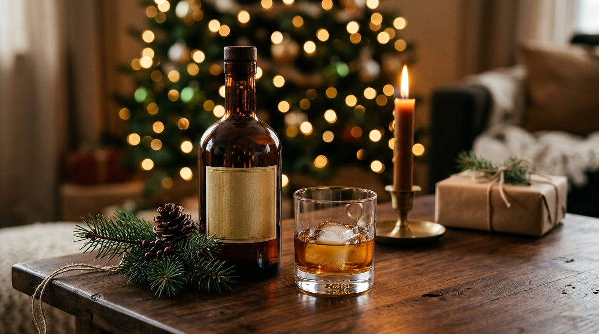A bourbon bottle and glass styled for the holidays on a home table with evergreen and warm light