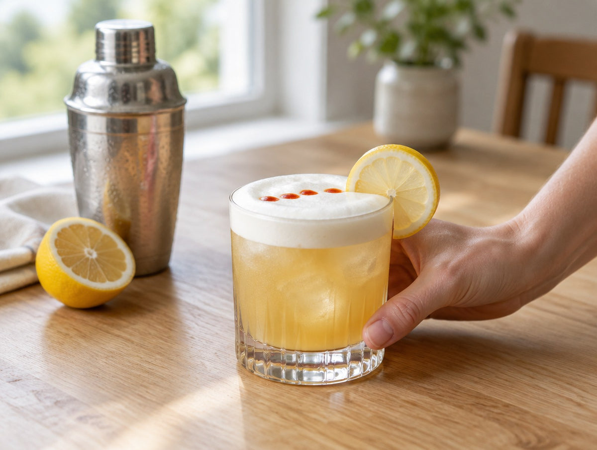 A whiskey sour with an egg white foam cap, bitters drops and a lemon wheel, on a dining table