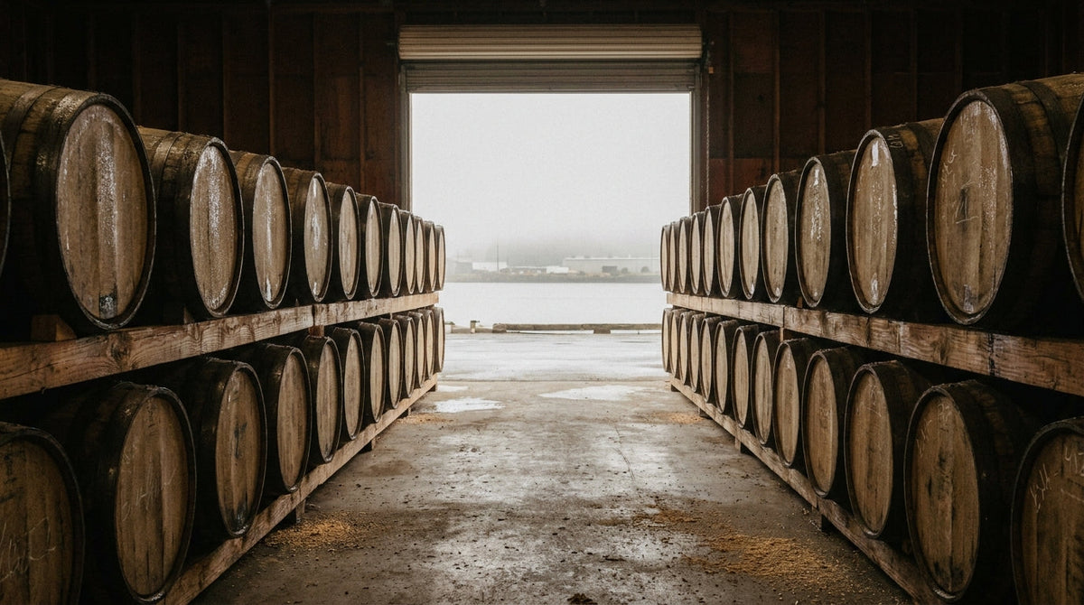 Rows of charred oak whiskey barrels resting on wooden ricks inside a coastal California warehouse, with maritime fog and open water visible through the far door