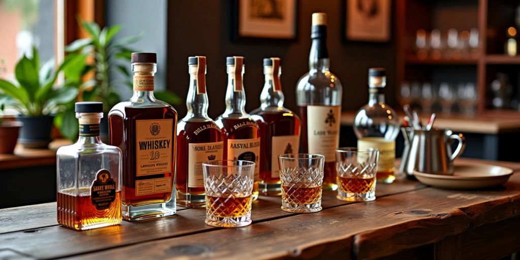 Whiskey bottles and glasses on a wooden table.