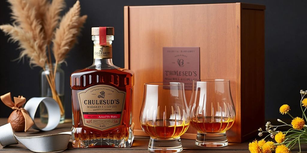 Whiskey gift set with bottle and glasses.
