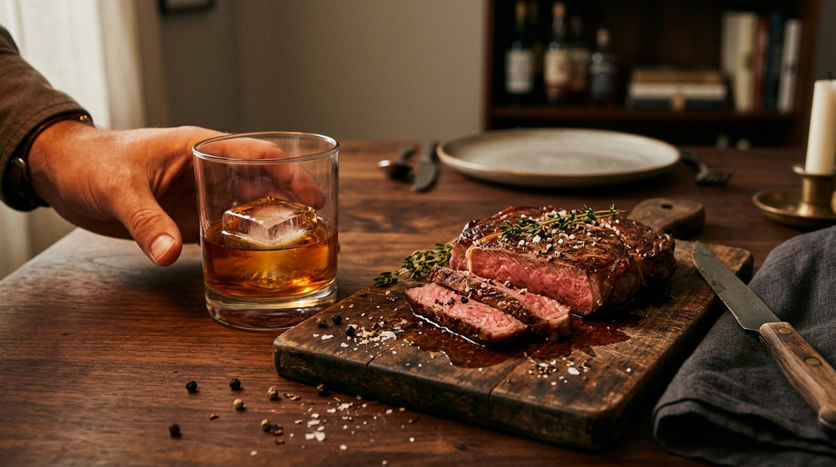 A glass of bourbon beside a sliced seared ribeye steak on a wooden board at a home dining table