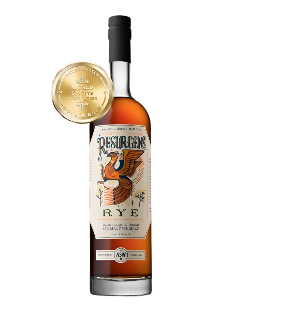Bottle of ASW Distillery Resurgens Rye, a 100% malted rye whiskey from Atlanta