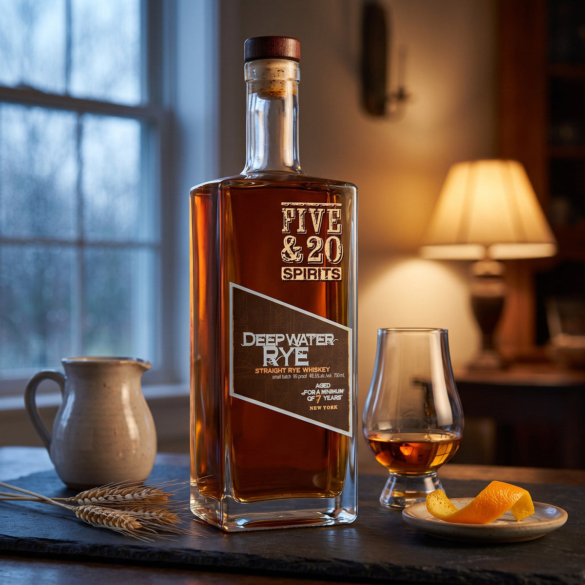 Five & 20 Deep Water Straight Rye bottle on a slate counter with a tasting glass and orange peel