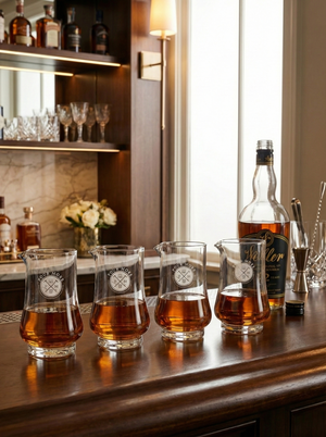 Bottles and glasses of whiskey on a bar counter with a well-lit background