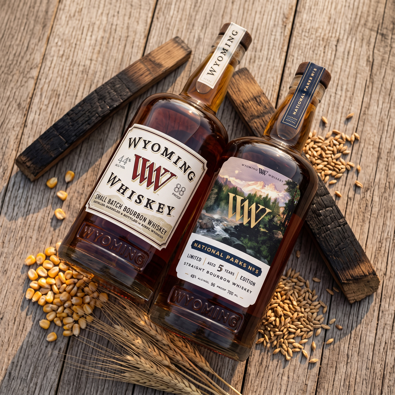Wyoming Whiskey Small Batch and National Parks No. 5 bourbon bottles laid flat