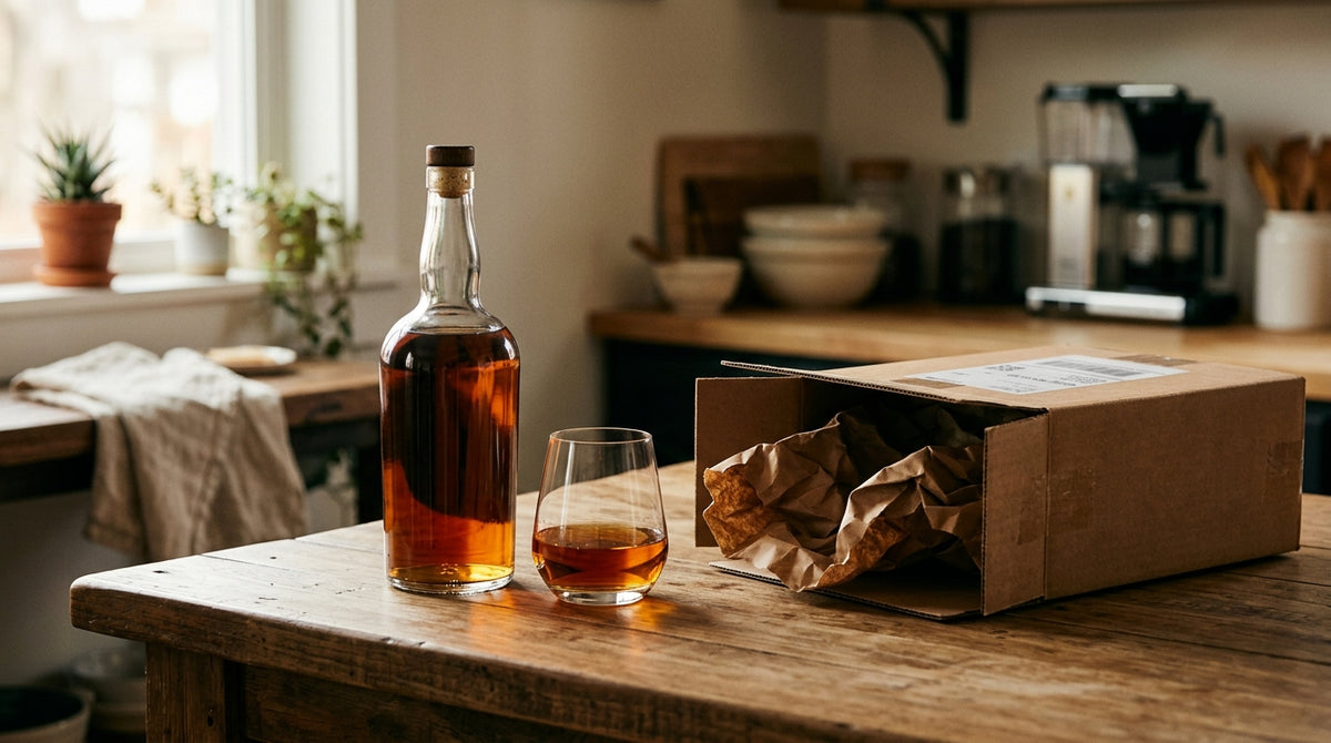 A full bourbon bottle and glass beside an open shipping box on a kitchen island in morning light