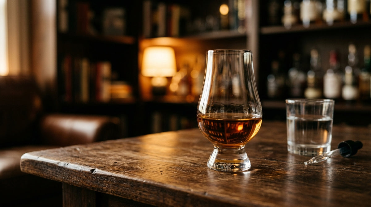 A neat pour of bourbon in a Glencairn glass on dark walnut with warm light
