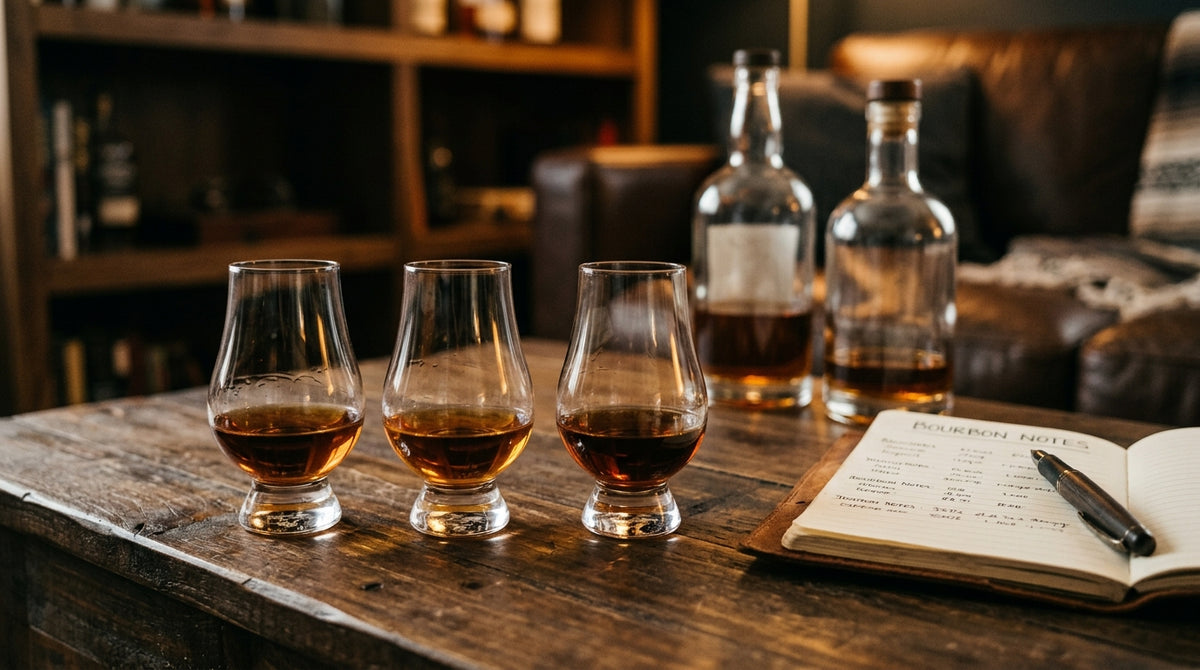 Three Glencairn glasses with different bourbon pours and a tasting notebook on dark walnut at home