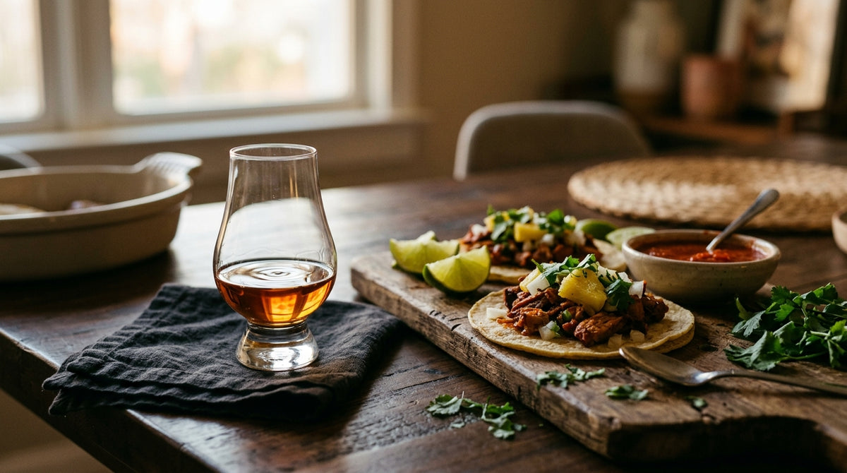 A glass of bourbon beside tacos al pastor, lime, and salsa on a wooden board at a home table