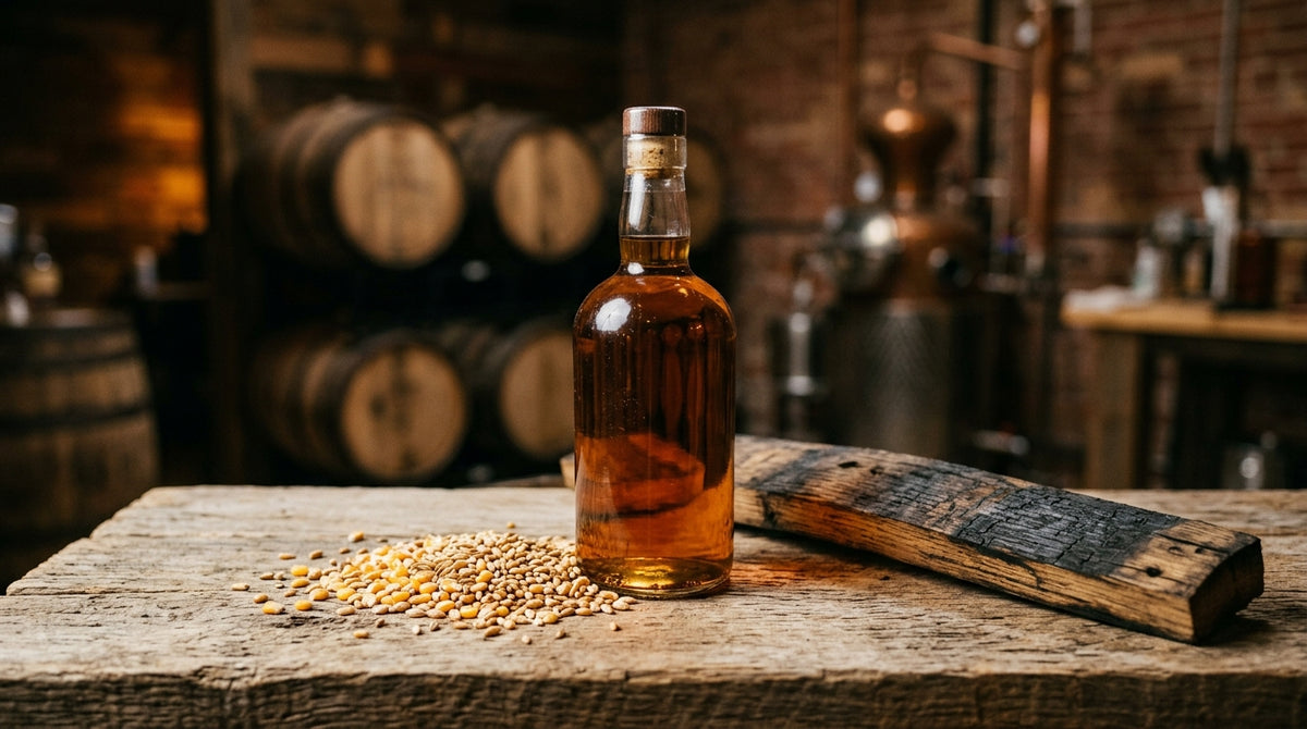A small-batch bourbon bottle on reclaimed wood with raw grain and a charred barrel stave