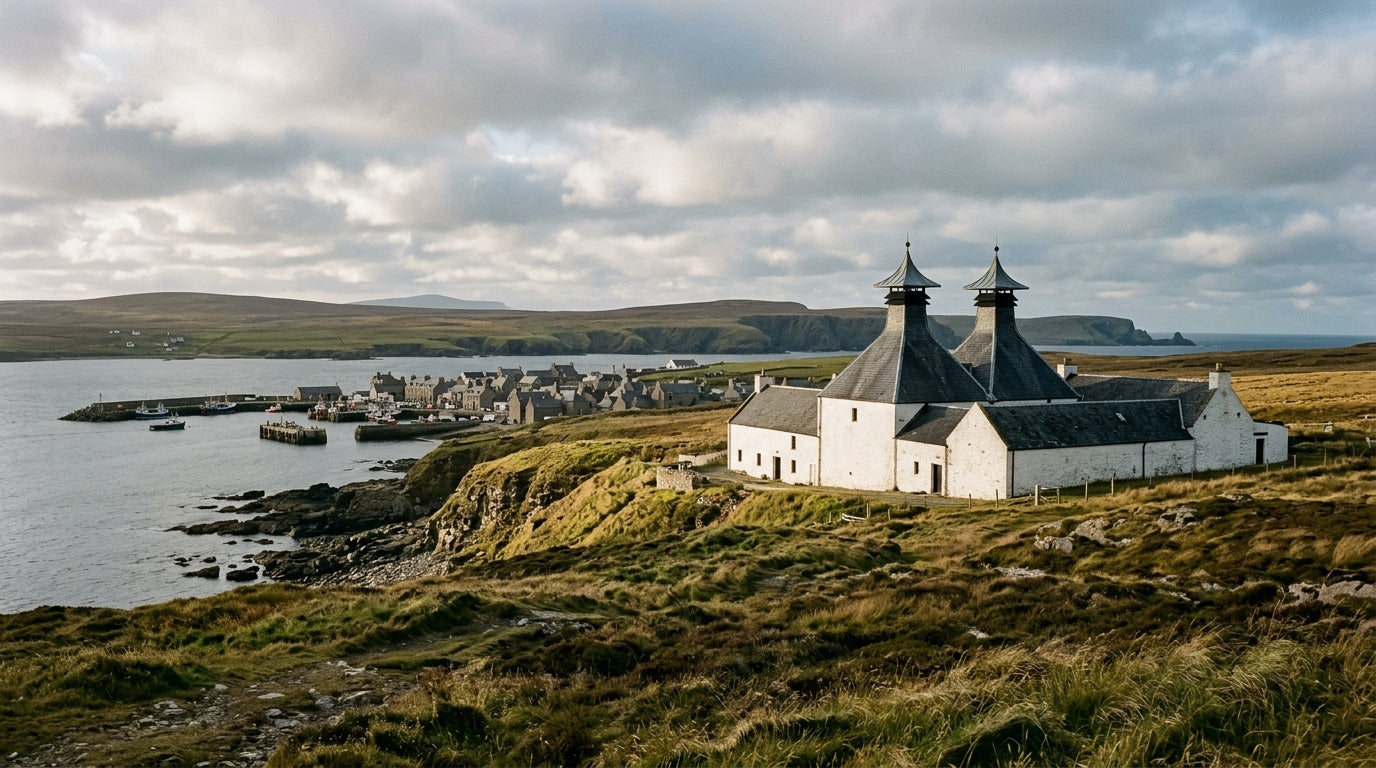 An island distillery with pagoda kiln roofs on high ground above a harbour town, illustrating the Highland Park distillery's setting on Orkney, Scotland