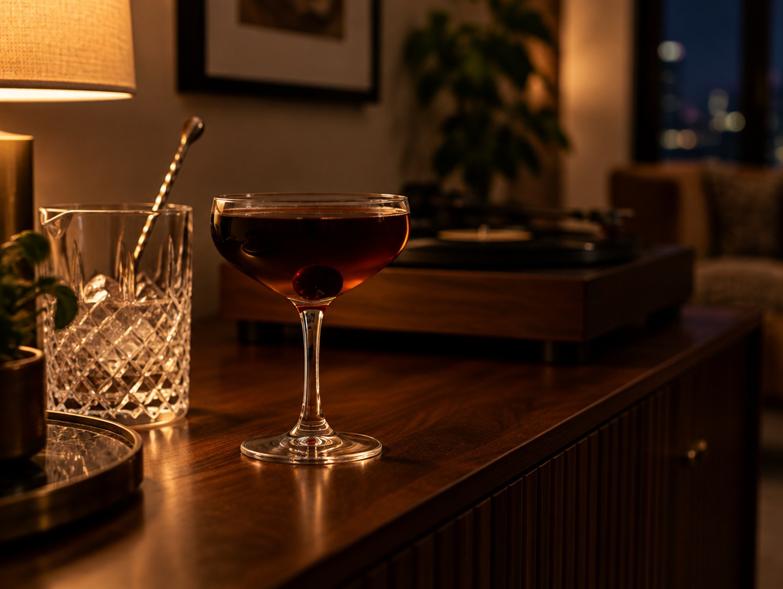 A Black Manhattan in a coupe with a dark cherry, on a walnut sideboard at home