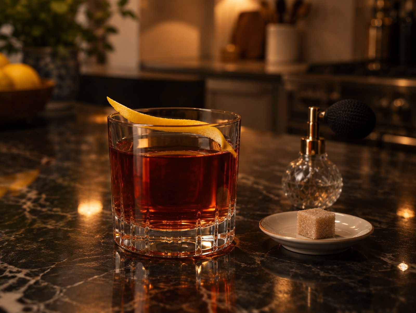 A Sazerac served neat in a rocks glass with a lemon peel, beside a sugar cube and an absinthe atomizer