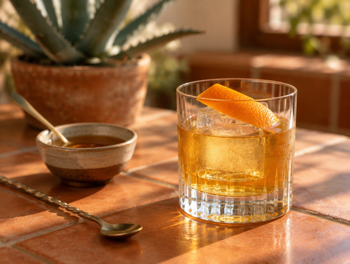 A tequila Old Fashioned on a large ice cube with an orange peel, on a tiled kitchen counter