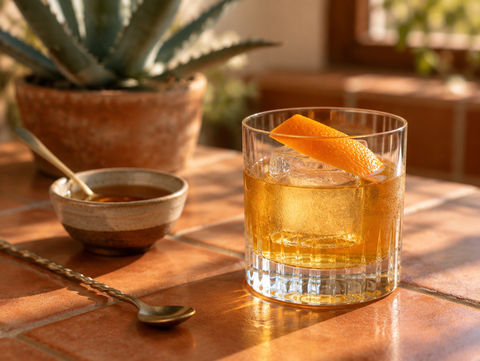 A tequila Old Fashioned on a large ice cube with an orange peel, on a tiled kitchen counter