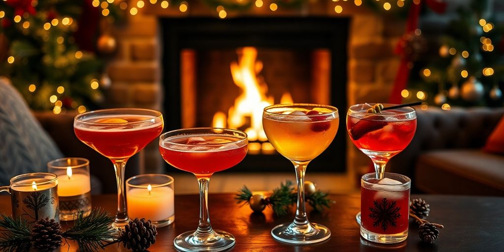 Colorful winter cocktails in a cozy, festive setting.