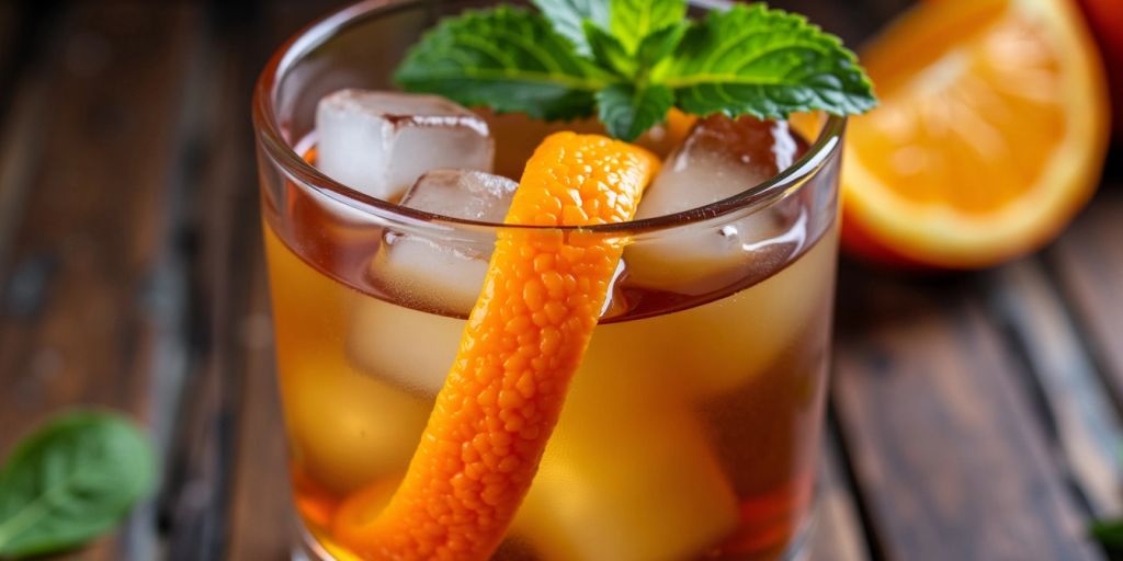 Bourbon cocktail with orange twist and mint