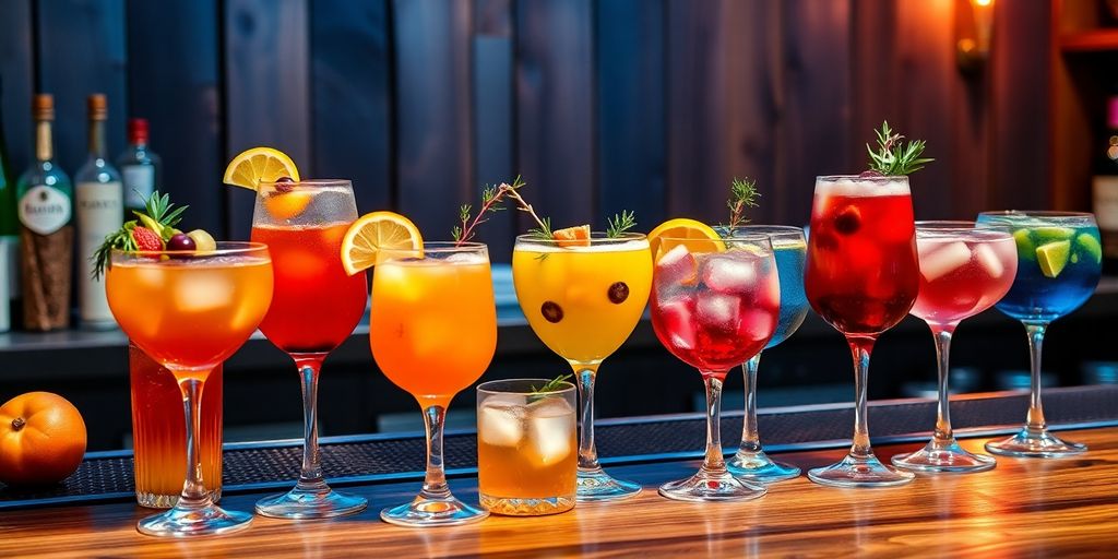 Colorful batch cocktails in glassware on a wooden bar.