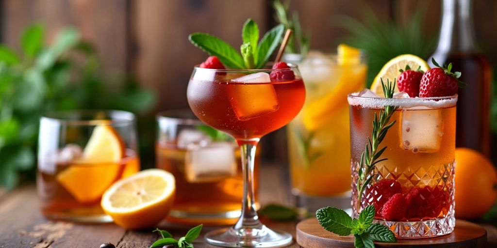 Assorted bourbon cocktails with fruits and herbs