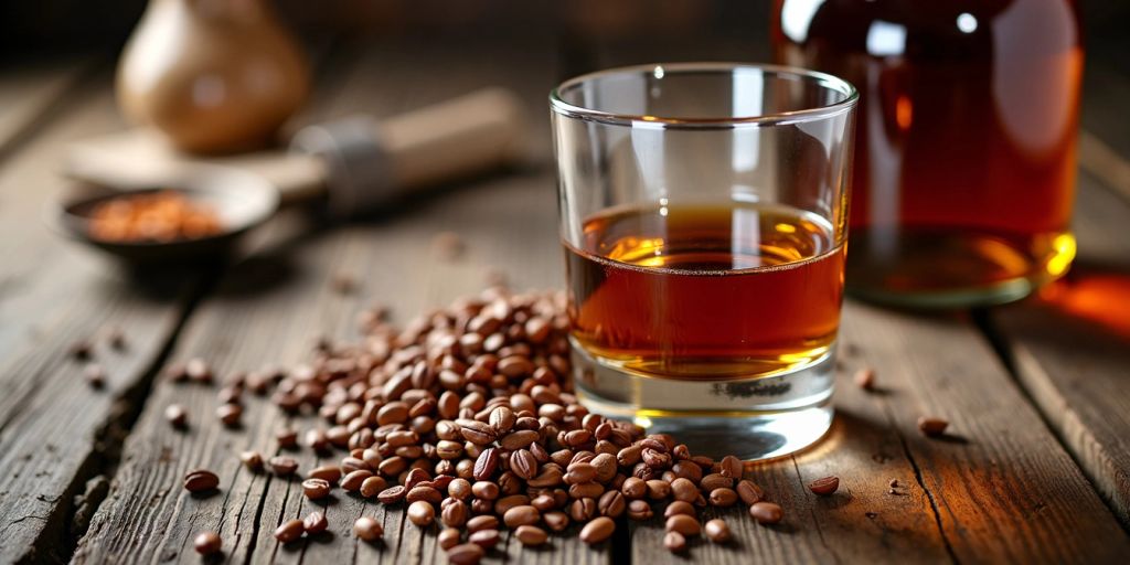 Glass of bourbon with bottle and grains