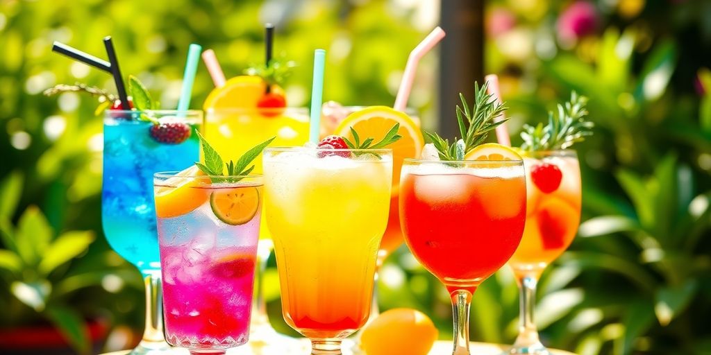Colorful summer cocktails with fresh fruit garnishes.