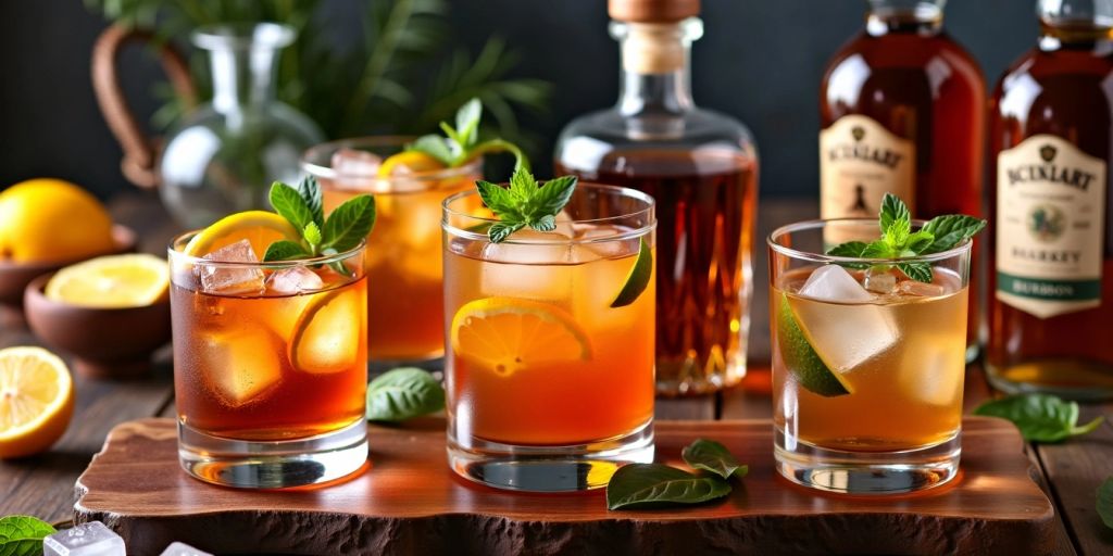 Bourbon cocktails on a rustic table