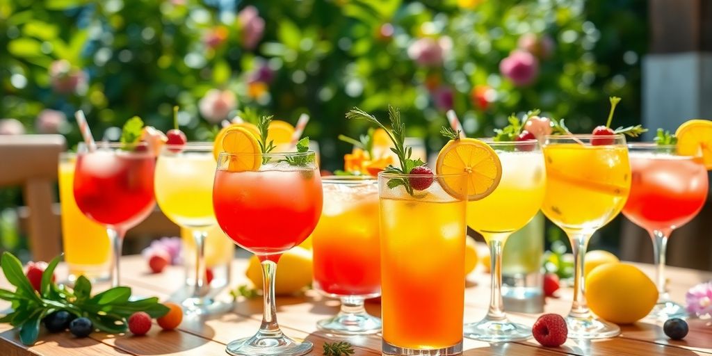 Colorful spring cocktails on a sunny outdoor table.