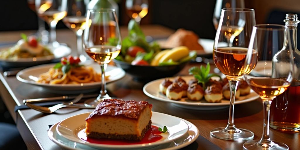 Dinner table with gourmet dishes and bourbon