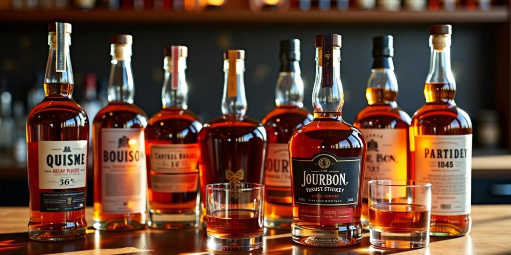 Bourbon bottles on a rustic wooden table.