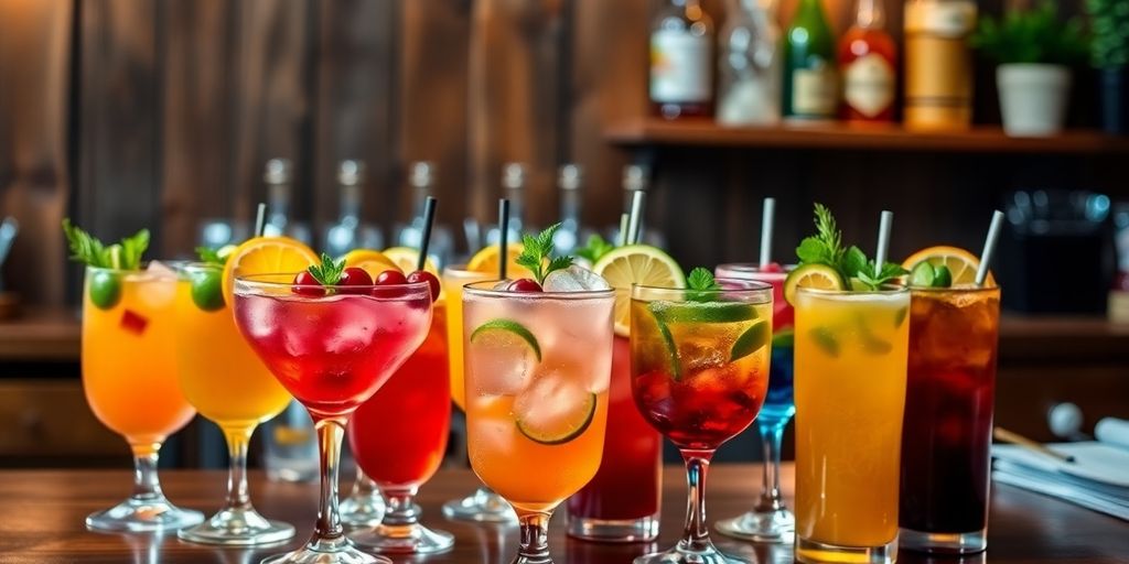 Colorful batched cocktails garnished with fruits and herbs.