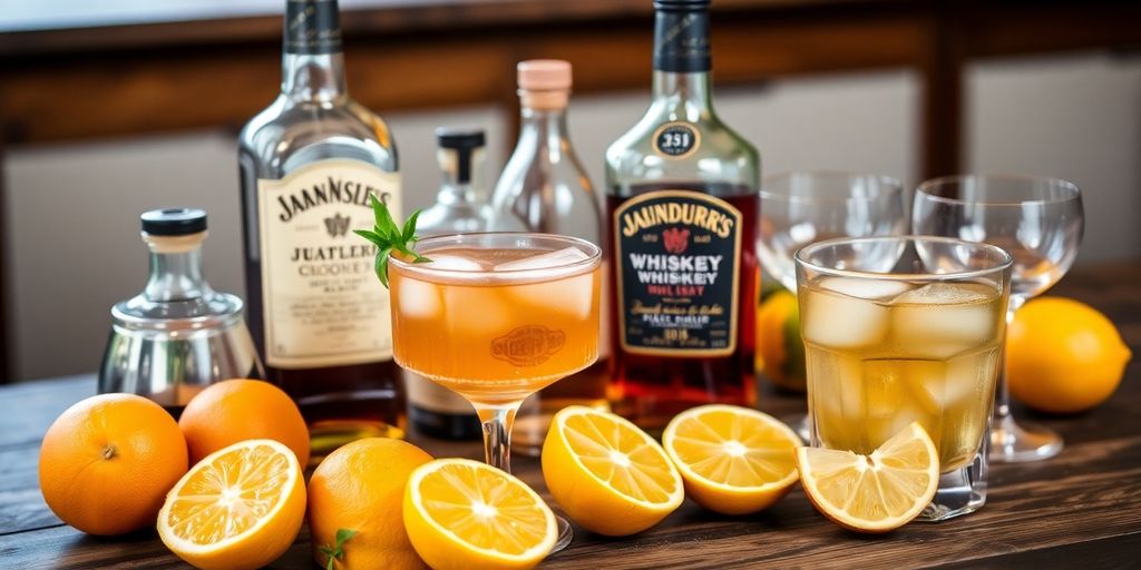 Whiskey cocktail ingredients on a rustic wooden table.