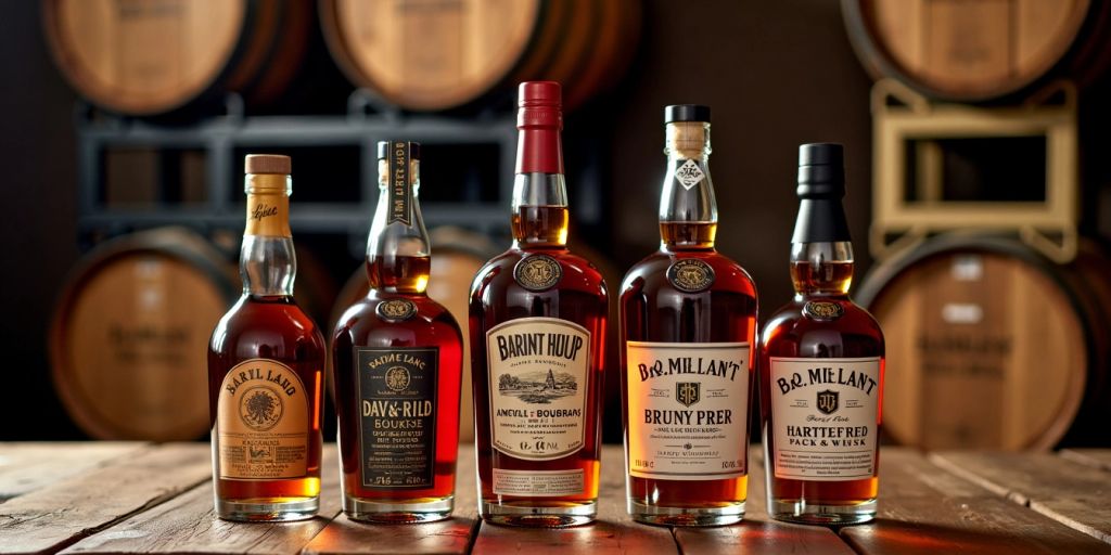 Premium bourbon bottles on a rustic table