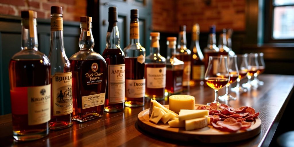 Bourbon bottles and tasting glasses on a wooden table.