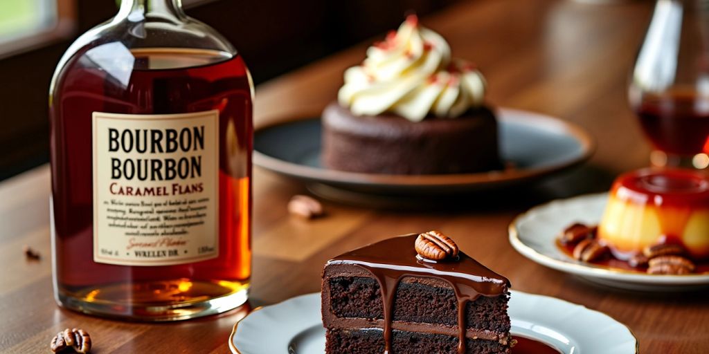 Bourbon paired with various delicious desserts on a table.