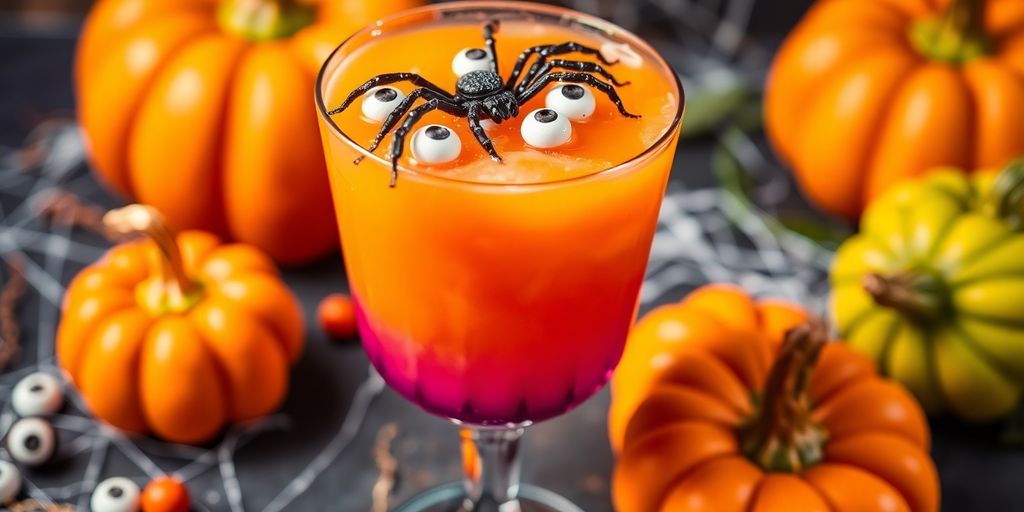 Colorful Halloween cocktail with spooky decorations.