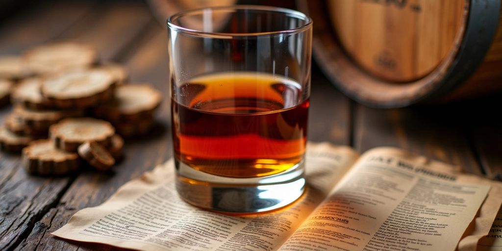 Bourbon glass with amber liquid and tasting notes.