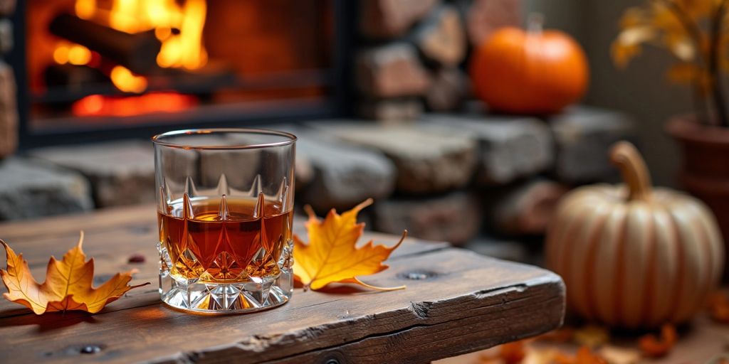 Glass of bourbon with fall leaves and fireplace