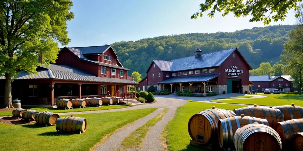 Bourbon distillery with oak barrels and rustic buildings