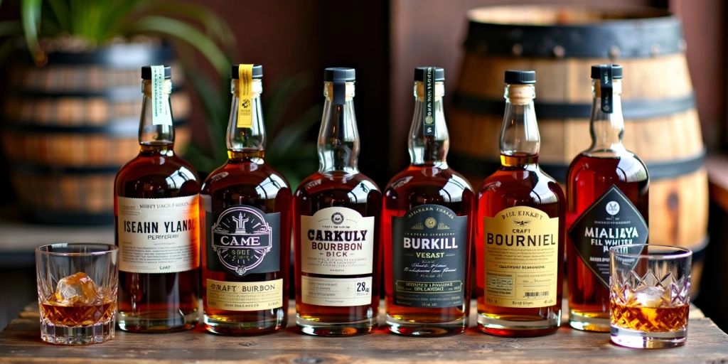 Craft bourbon bottles and whiskey glass on a wooden table.