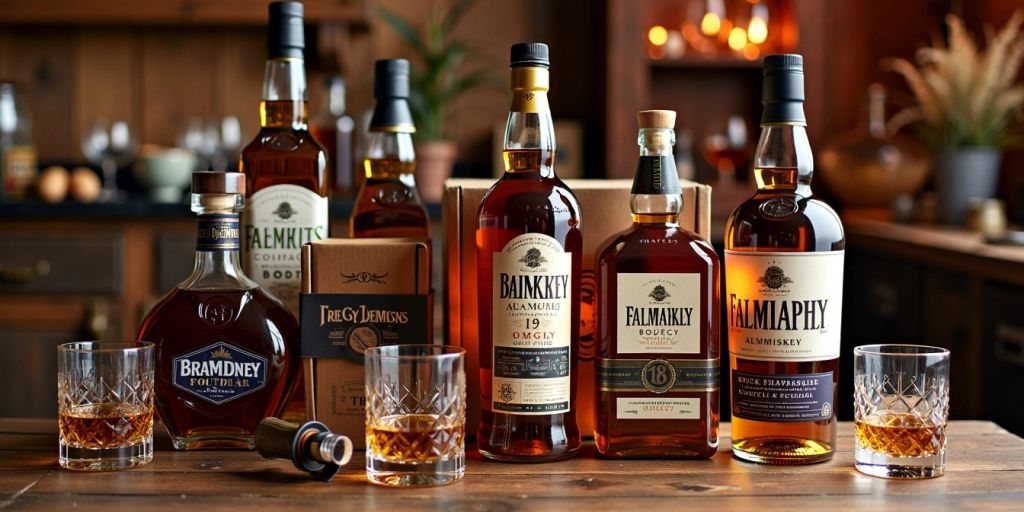 Whiskey bottles and glasses on a wooden table