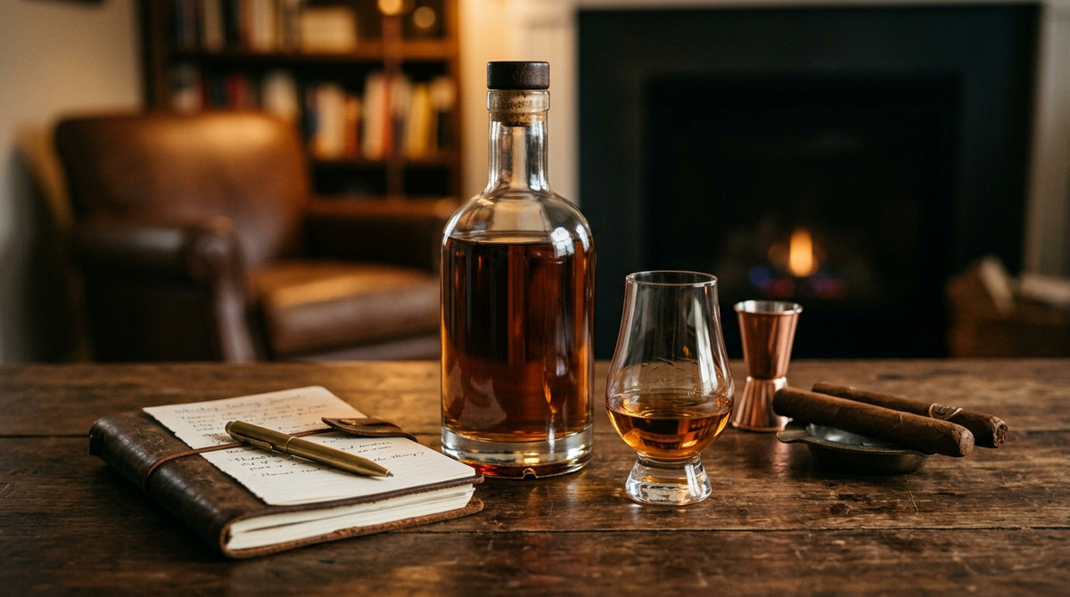 A Glencairn glass of whiskey, a leather tasting journal, and a bottle on a home table