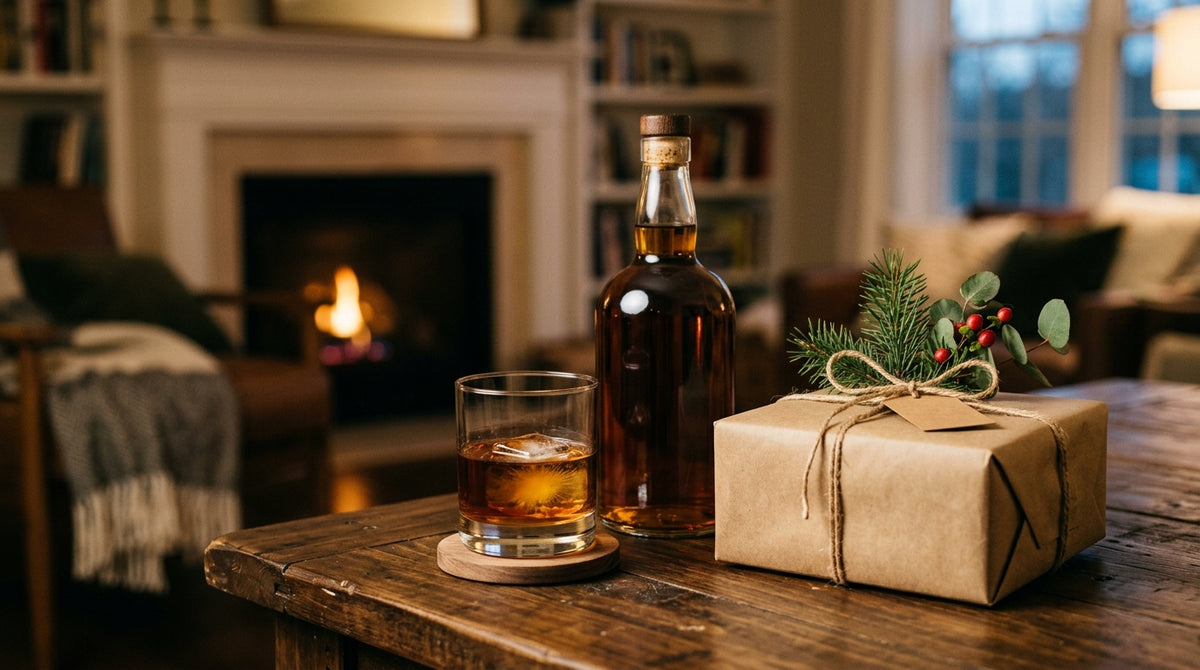 A whiskey glass and bottle on a home table with a kraft-paper wrapped gift and greenery