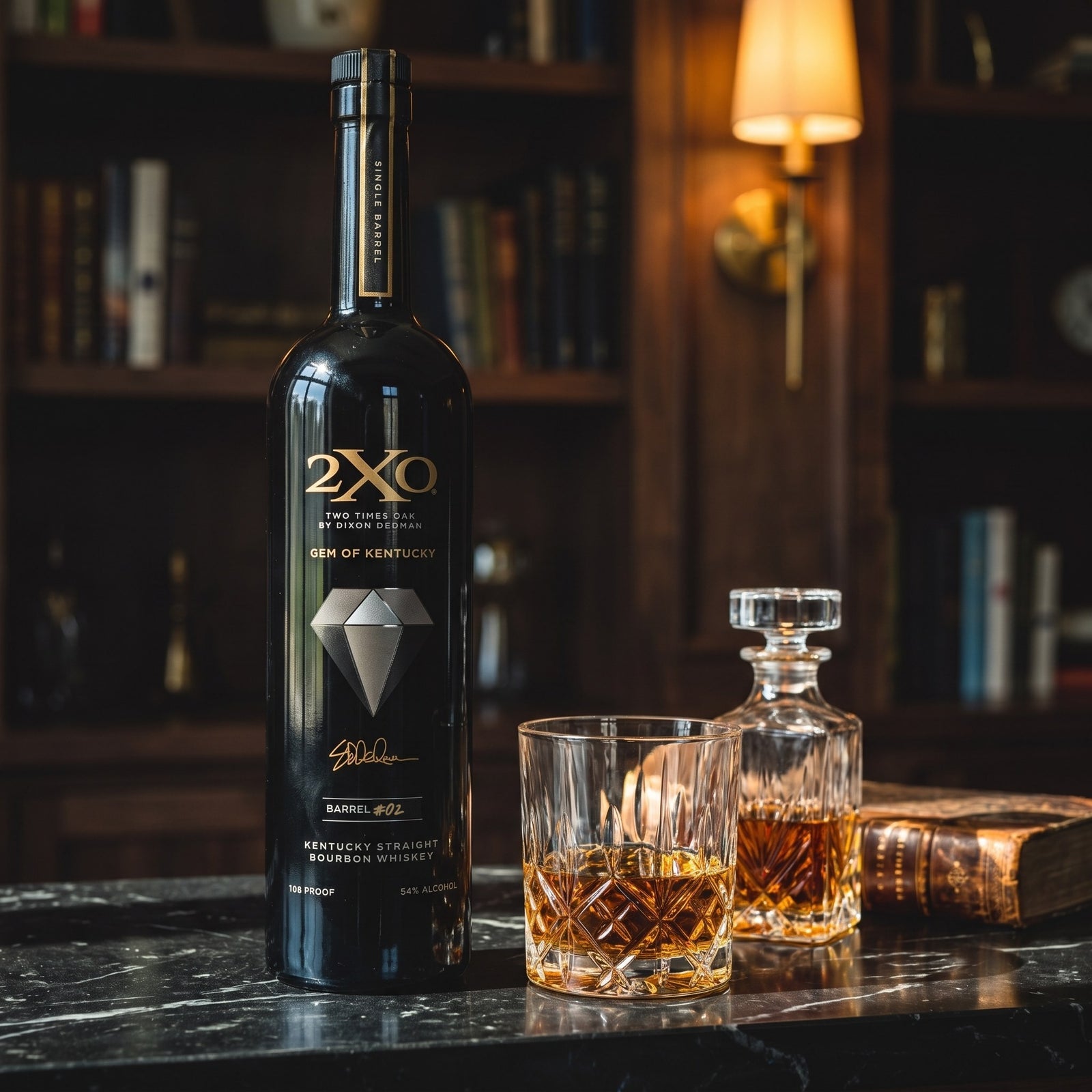 2XO Gem of Kentucky black bottle on a black marble home bar with a cut-crystal glass and decanter