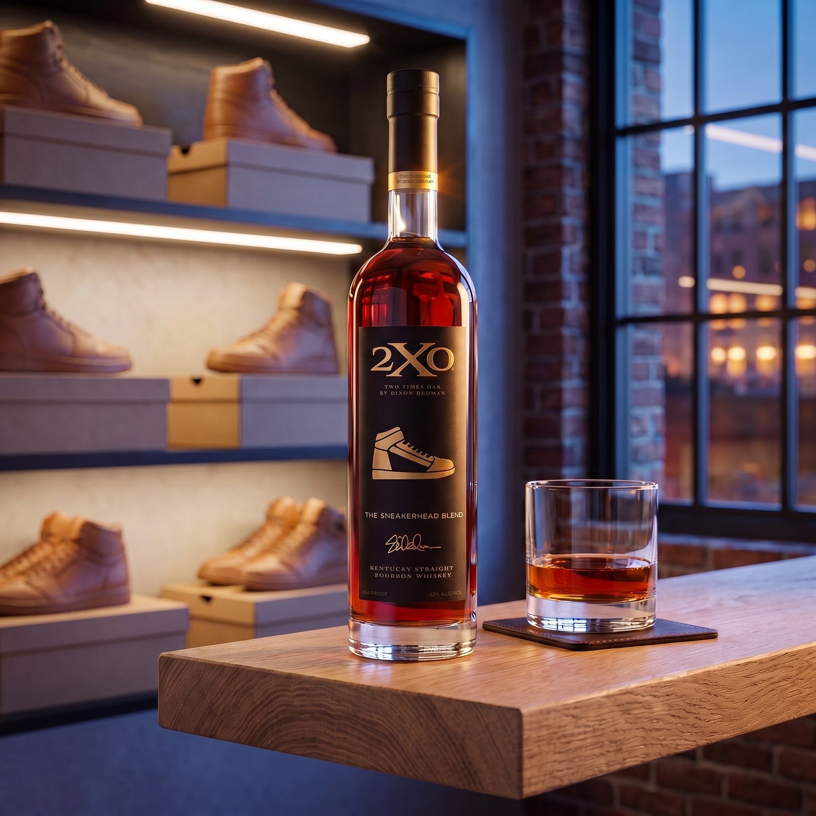 2XO The Sneakerhead Blend, 104 proof Kentucky straight bourbon, on an oak loft shelf in front of a lit sneaker display wall