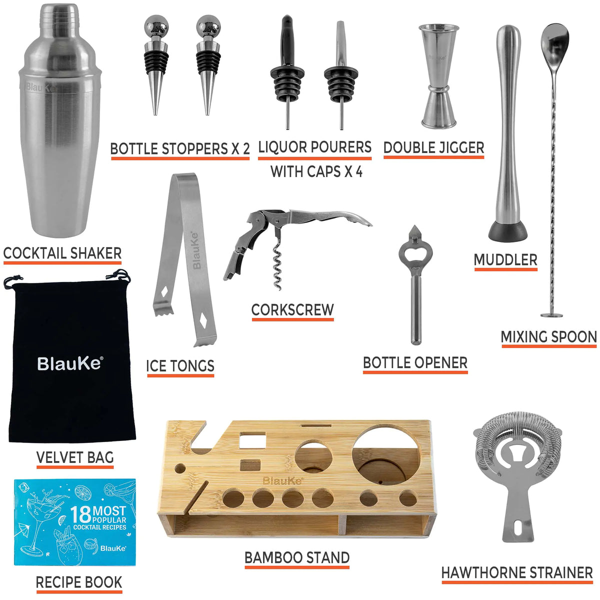 Stainless Steel Cocktail Shaker Set with Stand - 17-Piece Mixology Bartender Kit