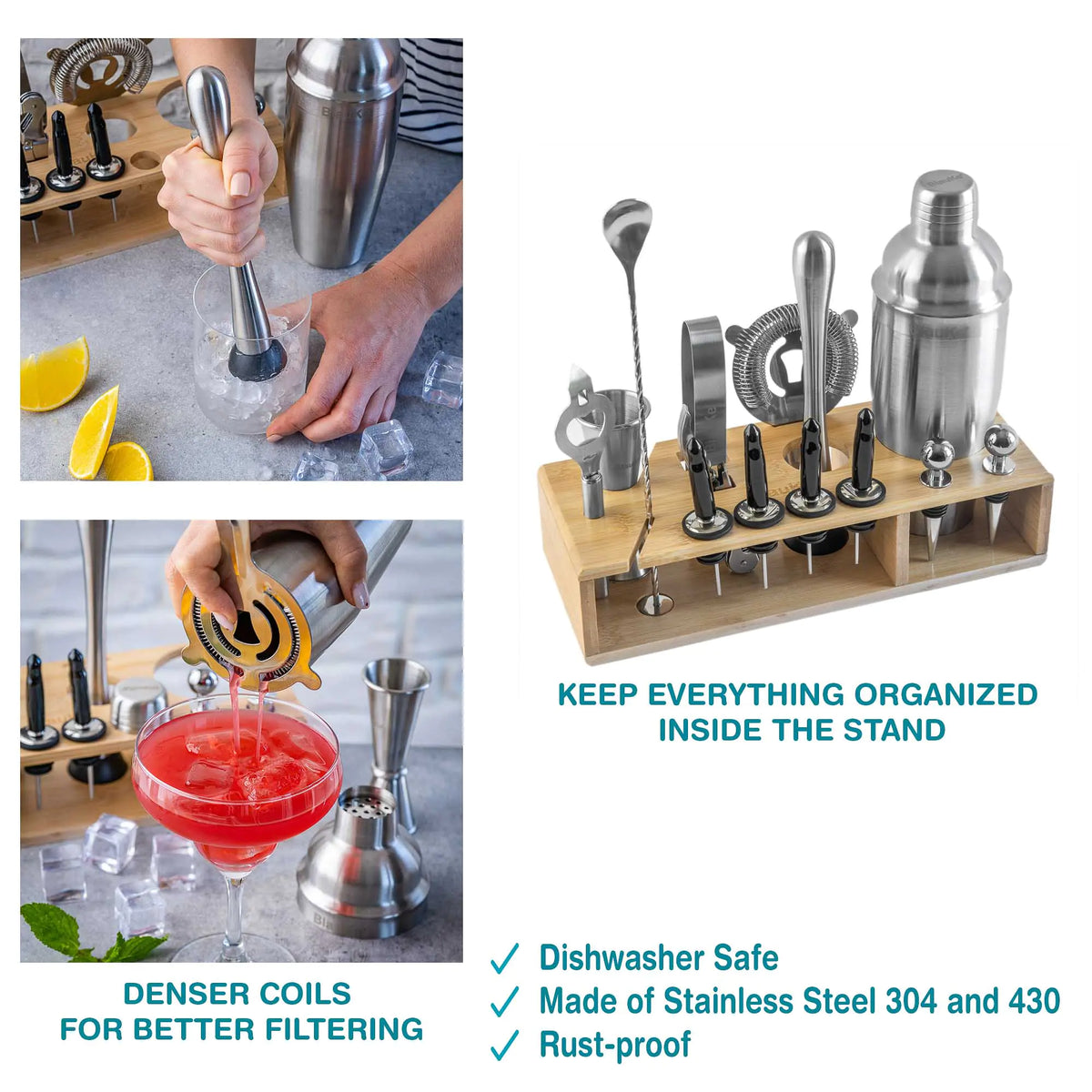 Stainless Steel Cocktail Shaker Set with Stand - 17-Piece Mixology Bartender Kit