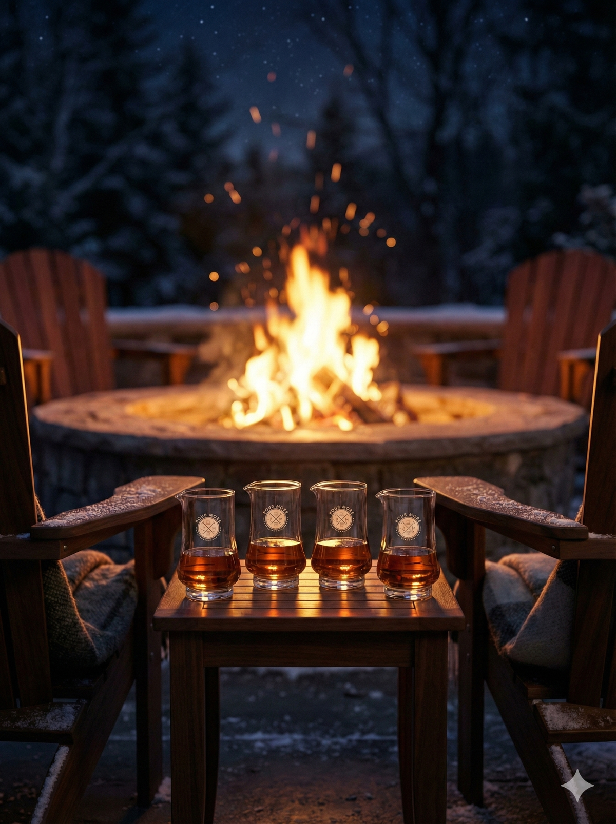 Four glasses of whiskey on a small table in front of a fire pit at night.